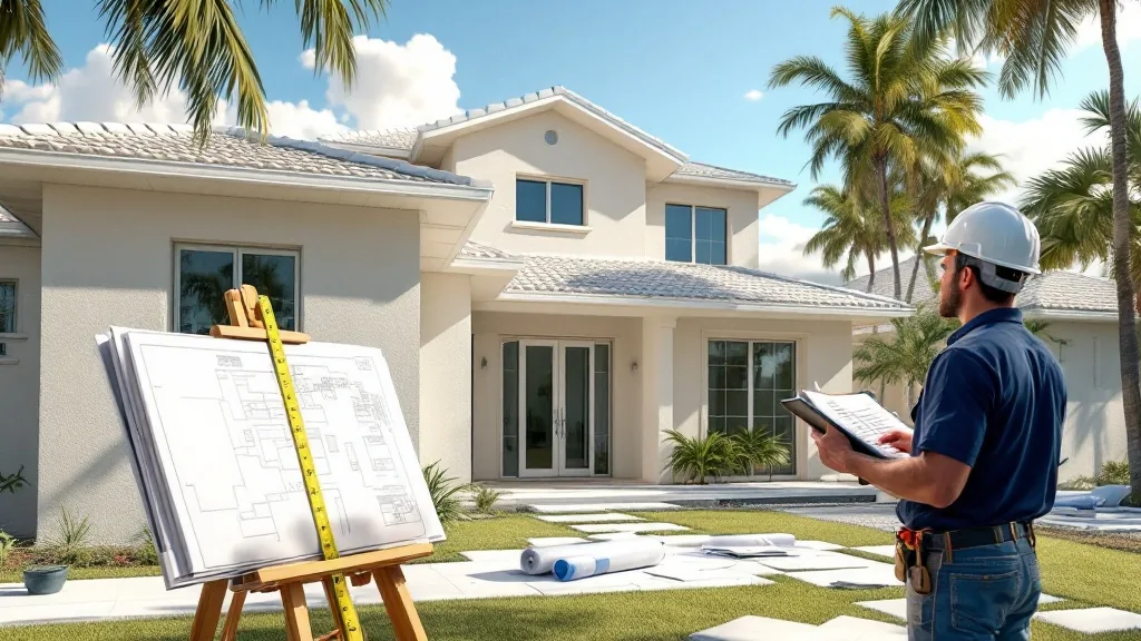 Unpermitted addition South Florida — contractor assessing illegal home addition with blueprints on sawhorses
